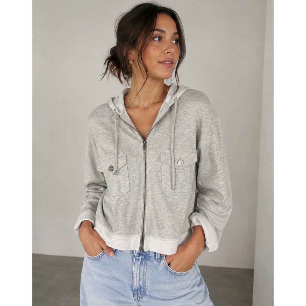 Free People Womens S Gray Wool Blend Hooded Jacket Boxy Oversized Utility Zip